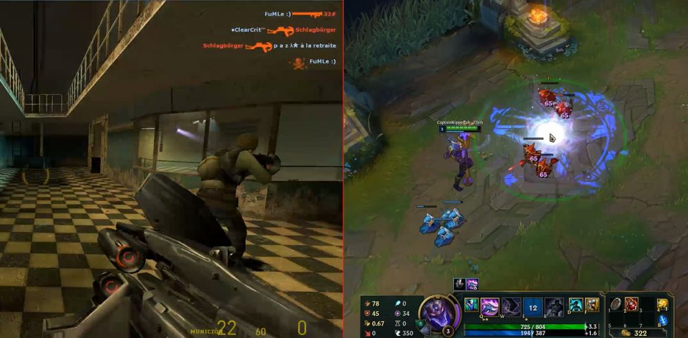 Capturas de pantalla de videojuegos de acción. Izquierda, Half-Life 2 representando un FPS; derecha, League of Legends (LoL) representando un MOBA (imagenes cedidas por Kipperlab).